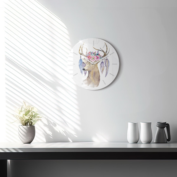 Round glass clock Deer head and flowers
