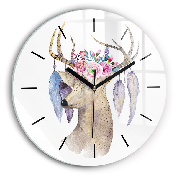 Round glass clock Deer head and flowers