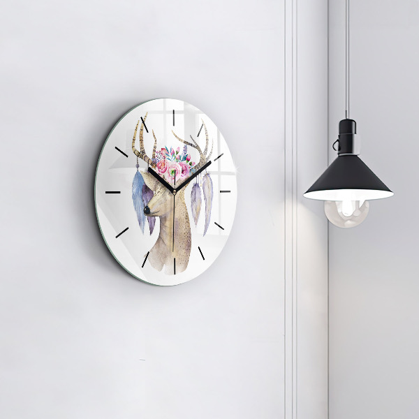 Round glass clock Deer head and flowers
