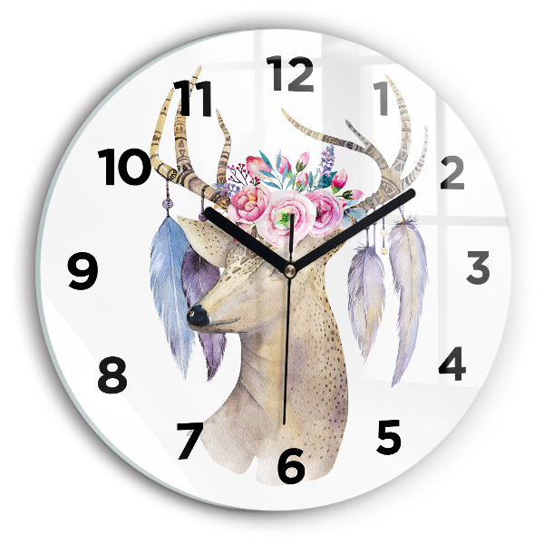 Round glass clock Deer head and flowers