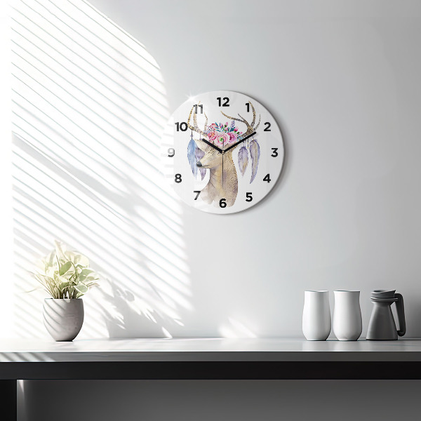 Round glass clock Deer head and flowers