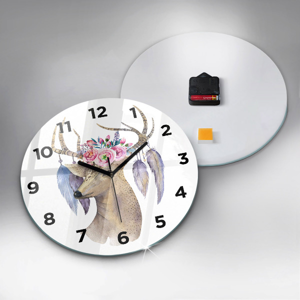 Round glass clock Deer head and flowers