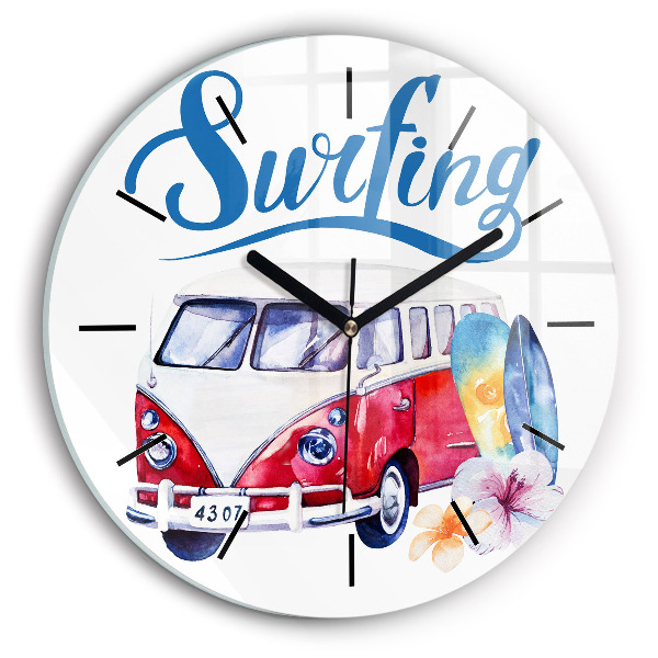 Round glass clock Car and Surfing sign