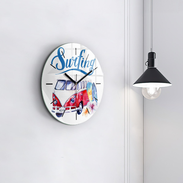 Round glass clock Car and Surfing sign