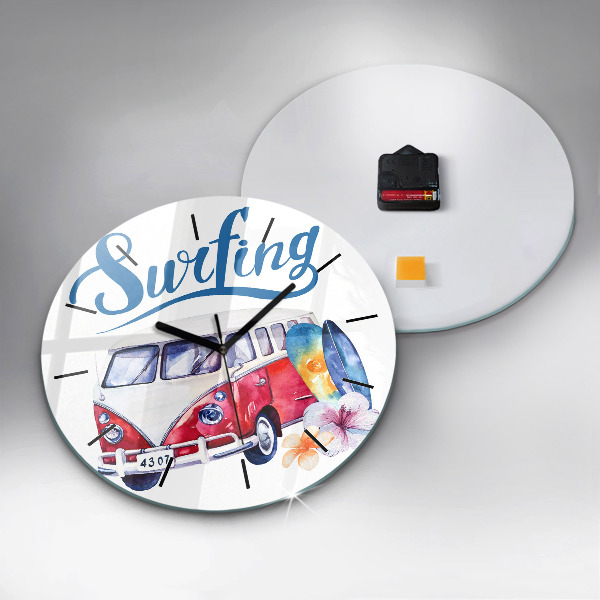 Round glass clock Car and Surfing sign