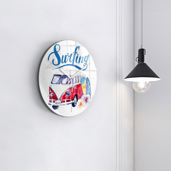 Round glass clock Car and Surfing sign