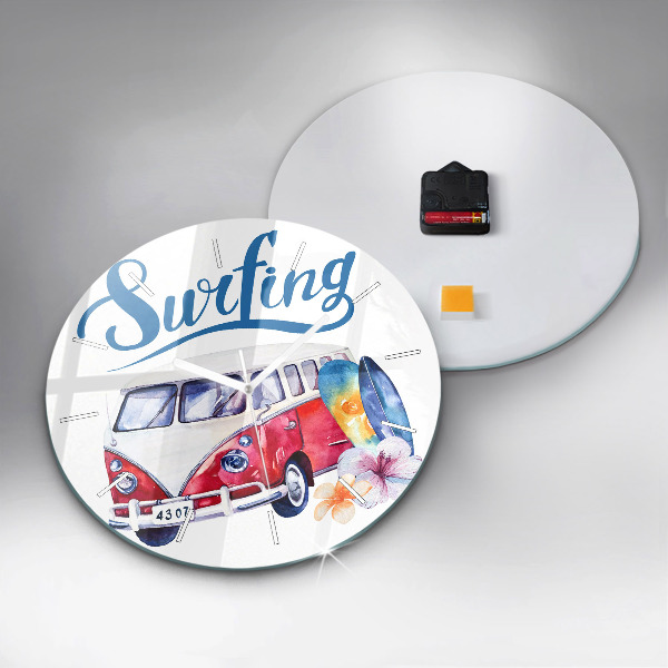 Round glass clock Car and Surfing sign