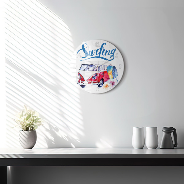 Round glass clock Car and Surfing sign