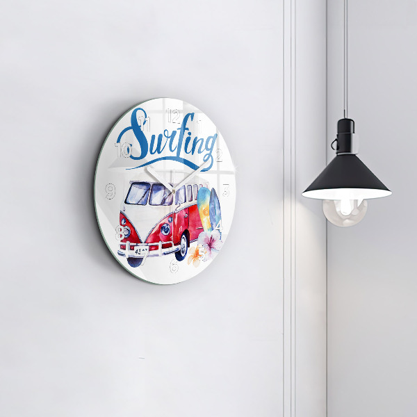 Round glass clock Car and Surfing sign