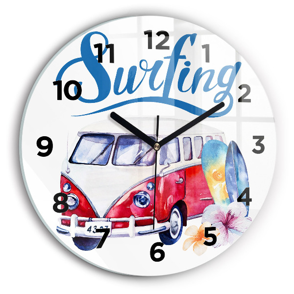 Round glass clock Car and Surfing sign