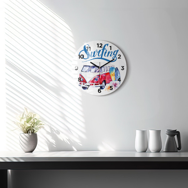 Round glass clock Car and Surfing sign