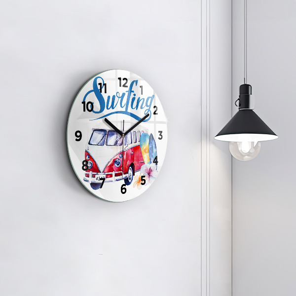 Round glass clock Car and Surfing sign