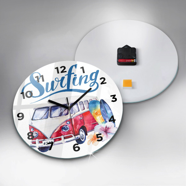 Round glass clock Car and Surfing sign