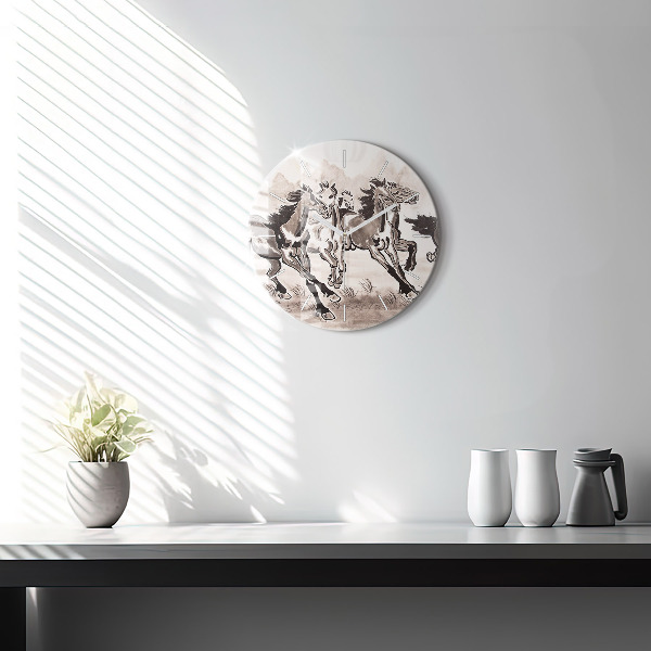 Round glass clock Galloping horses