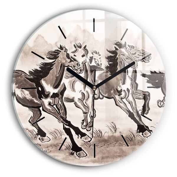 Round glass clock Galloping horses