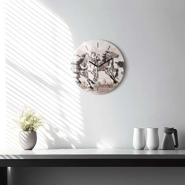Round glass clock Galloping horses