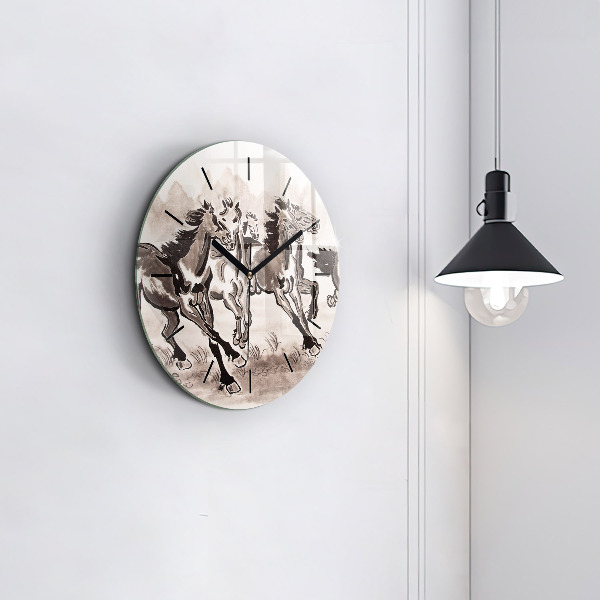 Round glass clock Galloping horses