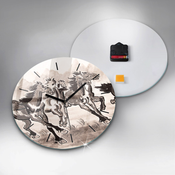 Round glass clock Galloping horses