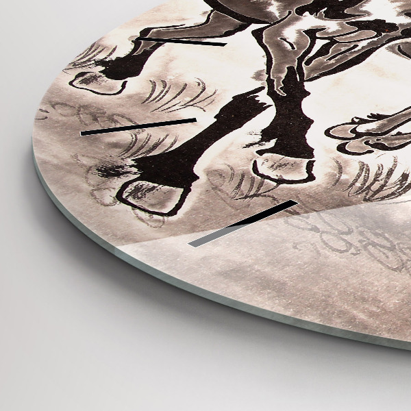 Round glass clock Galloping horses
