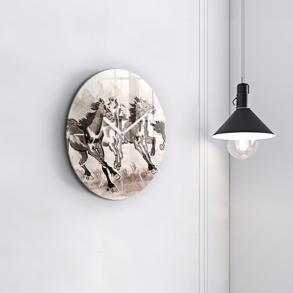 Round glass clock Galloping horses