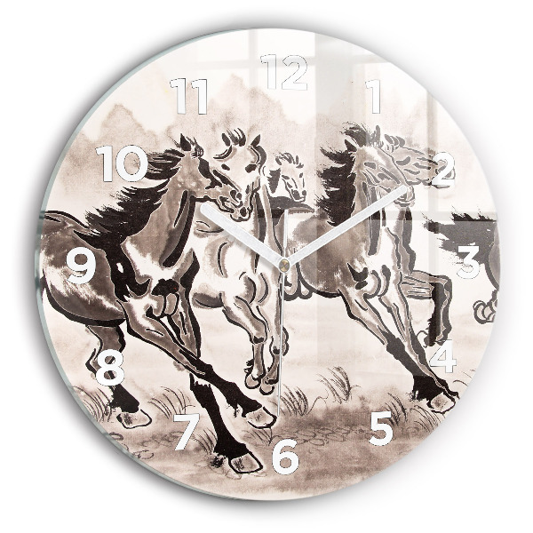 Round glass clock Galloping horses