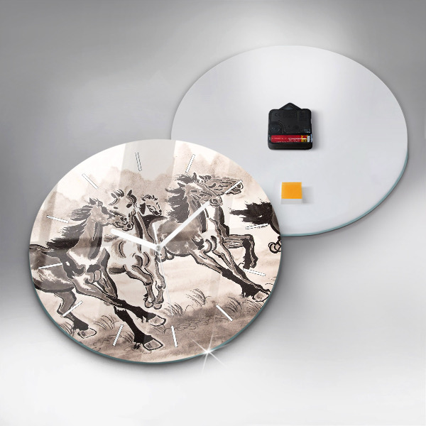 Round glass clock Galloping horses