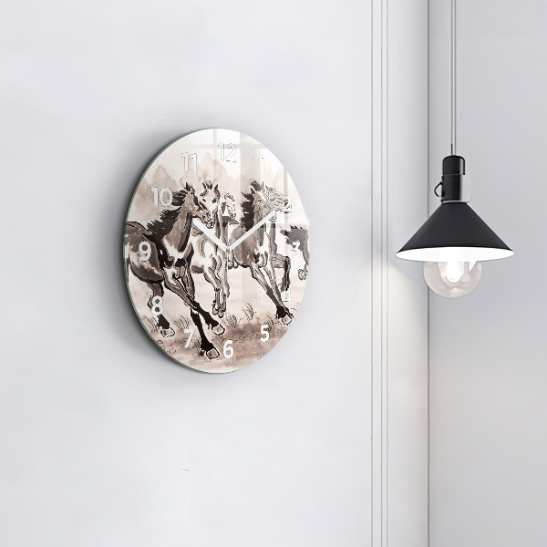 Round glass clock Galloping horses