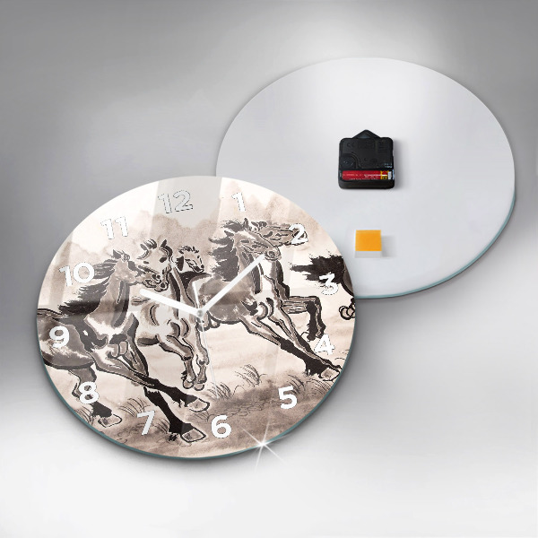 Round glass clock Galloping horses