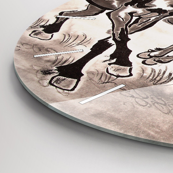Round glass clock Galloping horses