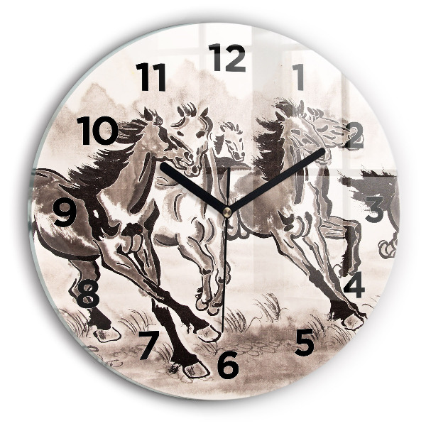 Round glass clock Galloping horses