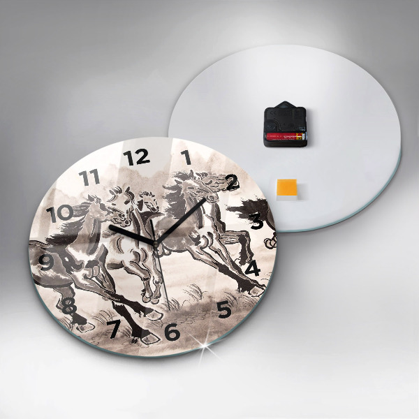 Round glass clock Galloping horses