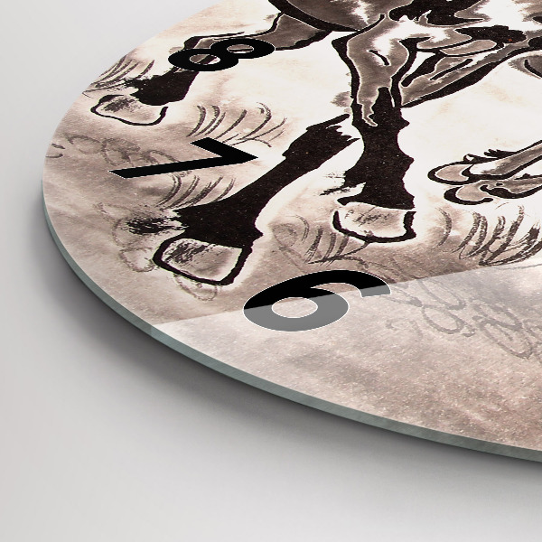 Round glass clock Galloping horses