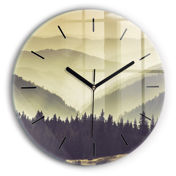 Round glass clock Misty mountain slopes