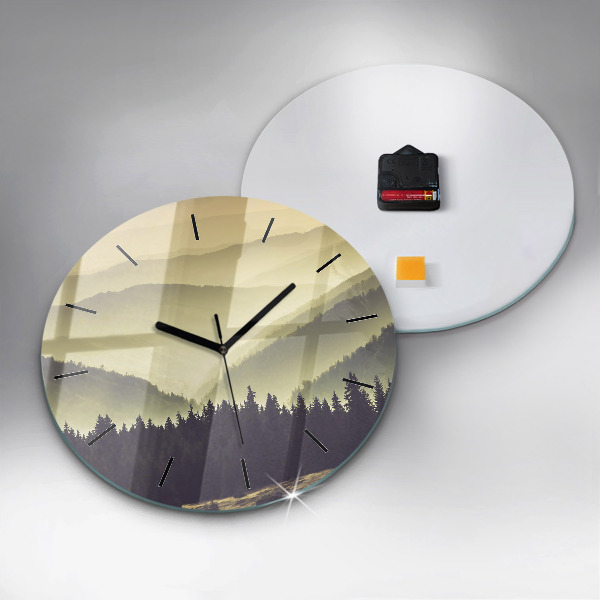Round glass clock Misty mountain slopes