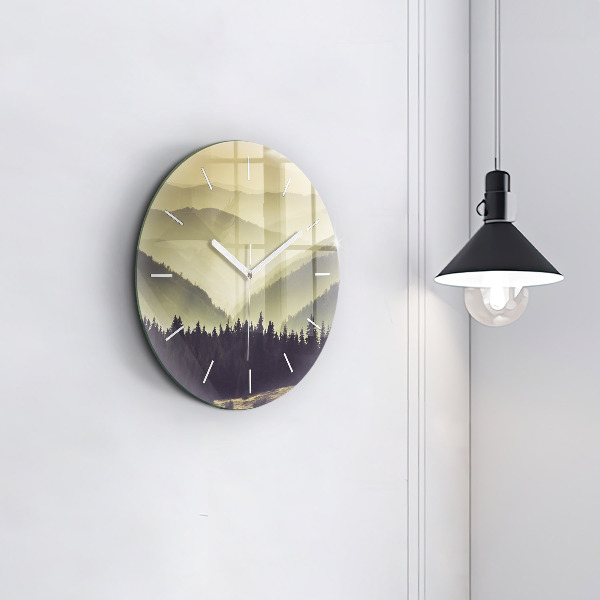 Round glass clock Misty mountain slopes