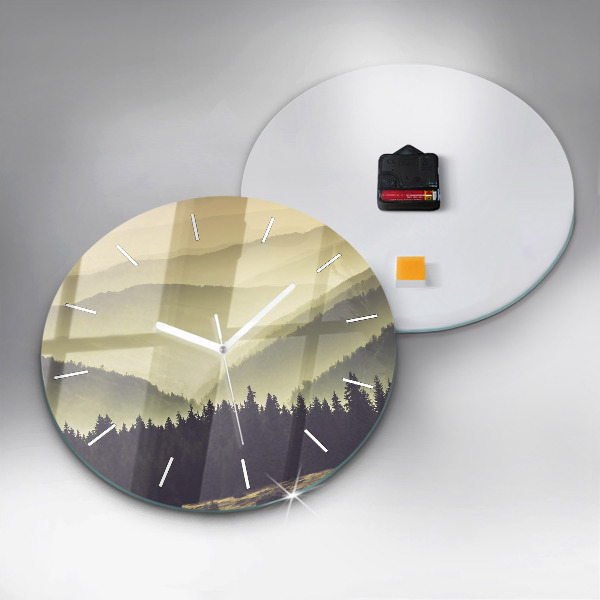 Round glass clock Misty mountain slopes