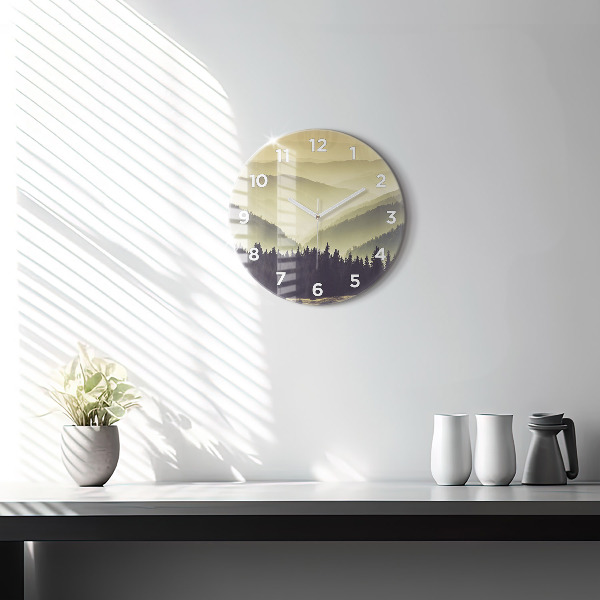 Round glass clock Misty mountain slopes