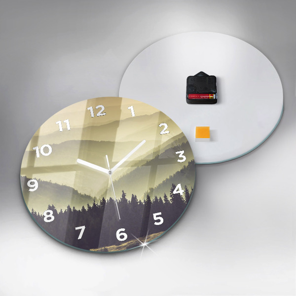 Round glass clock Misty mountain slopes