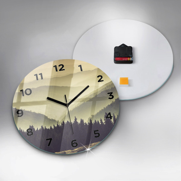 Round glass clock Misty mountain slopes