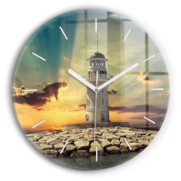 Round glass clock Lighthouse on the water