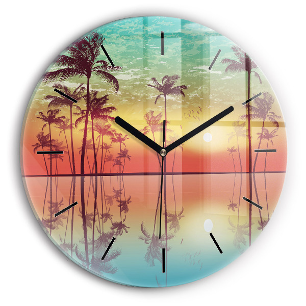 Round glass clock Tropical palm trees