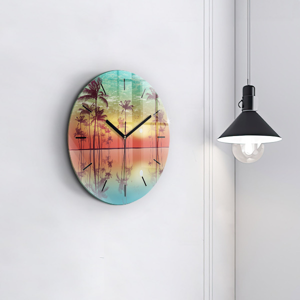 Round glass clock Tropical palm trees