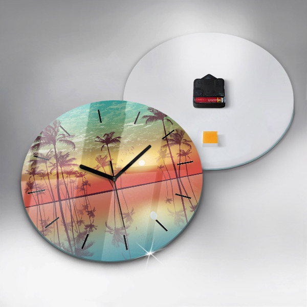 Round glass clock Tropical palm trees
