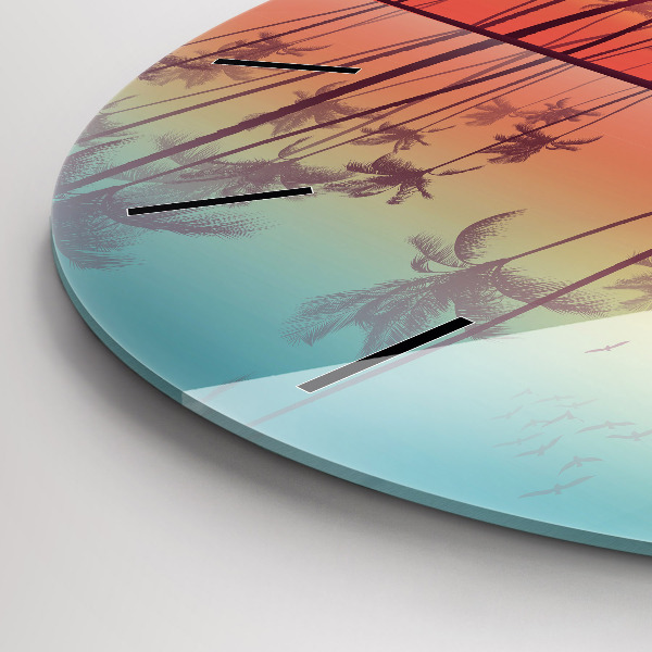 Round glass clock Tropical palm trees
