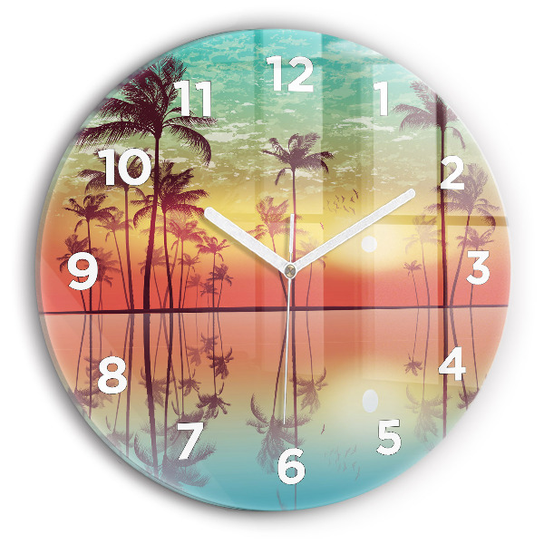Round glass clock Tropical palm trees