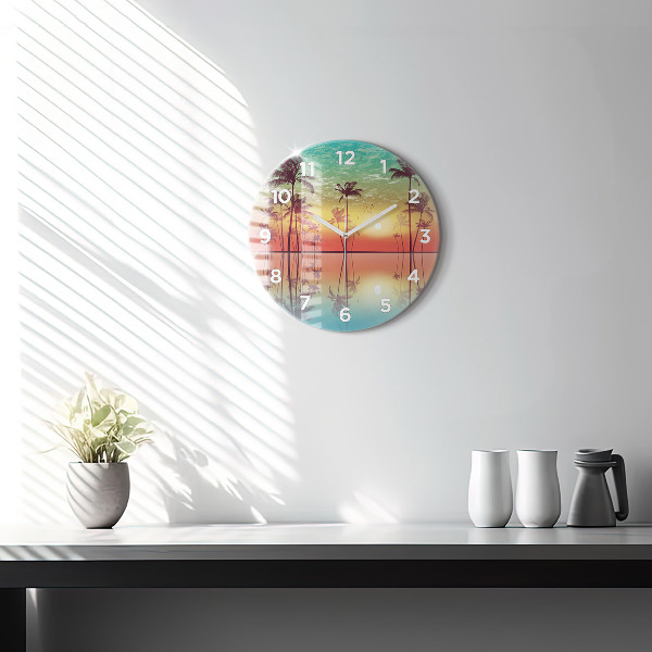 Round glass clock Tropical palm trees