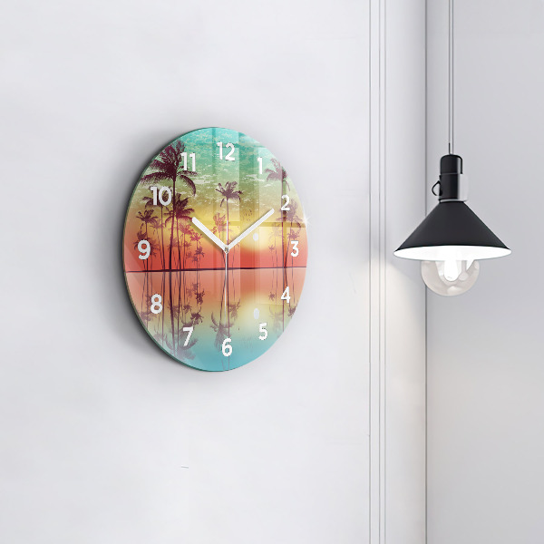 Round glass clock Tropical palm trees