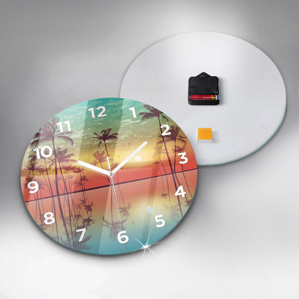 Round glass clock Tropical palm trees
