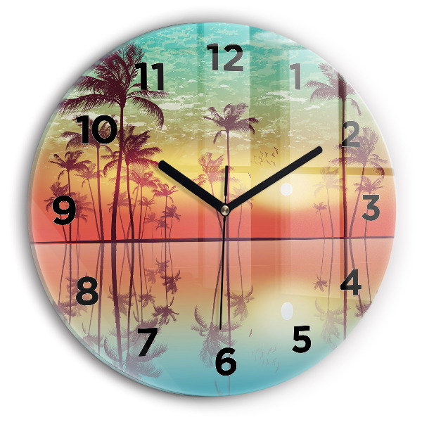 Round glass clock Tropical palm trees