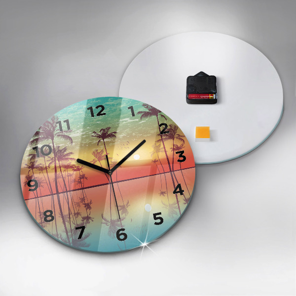 Round glass clock Tropical palm trees